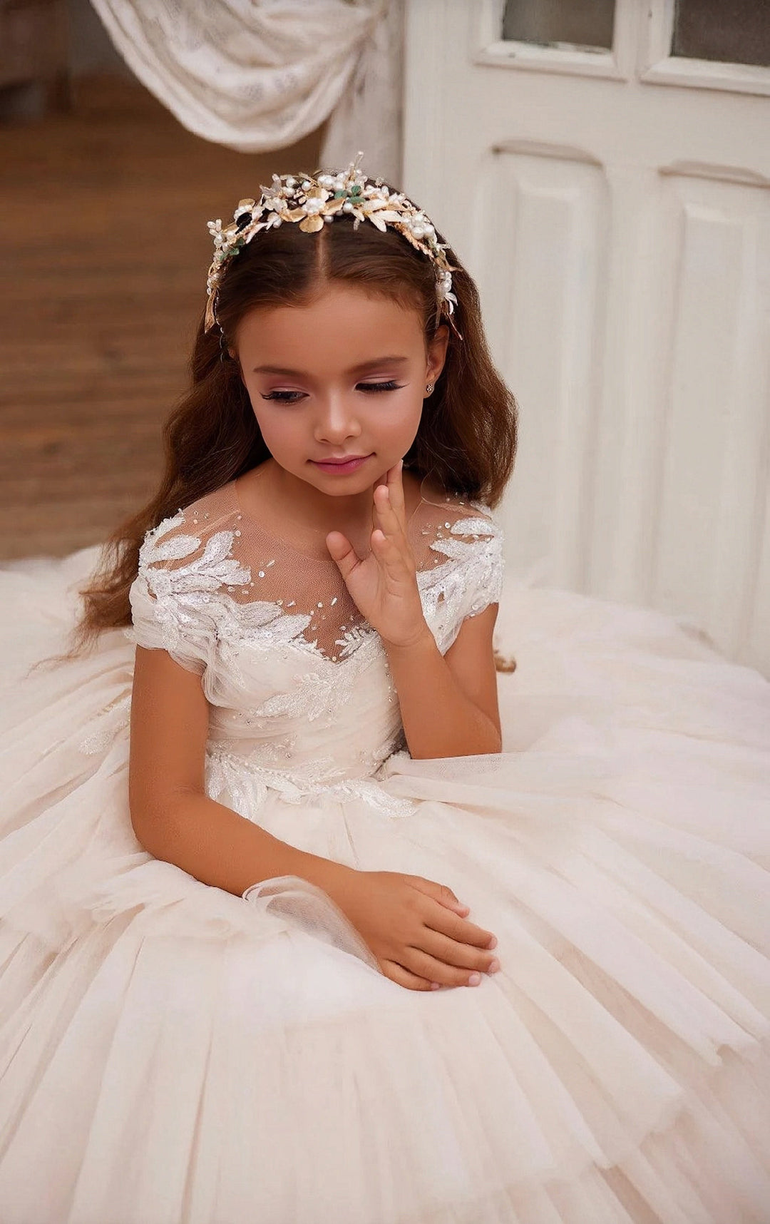 Sunnypetal Enchanted Lace Tiered Ball Gown with Crisscross Pleated Bodice