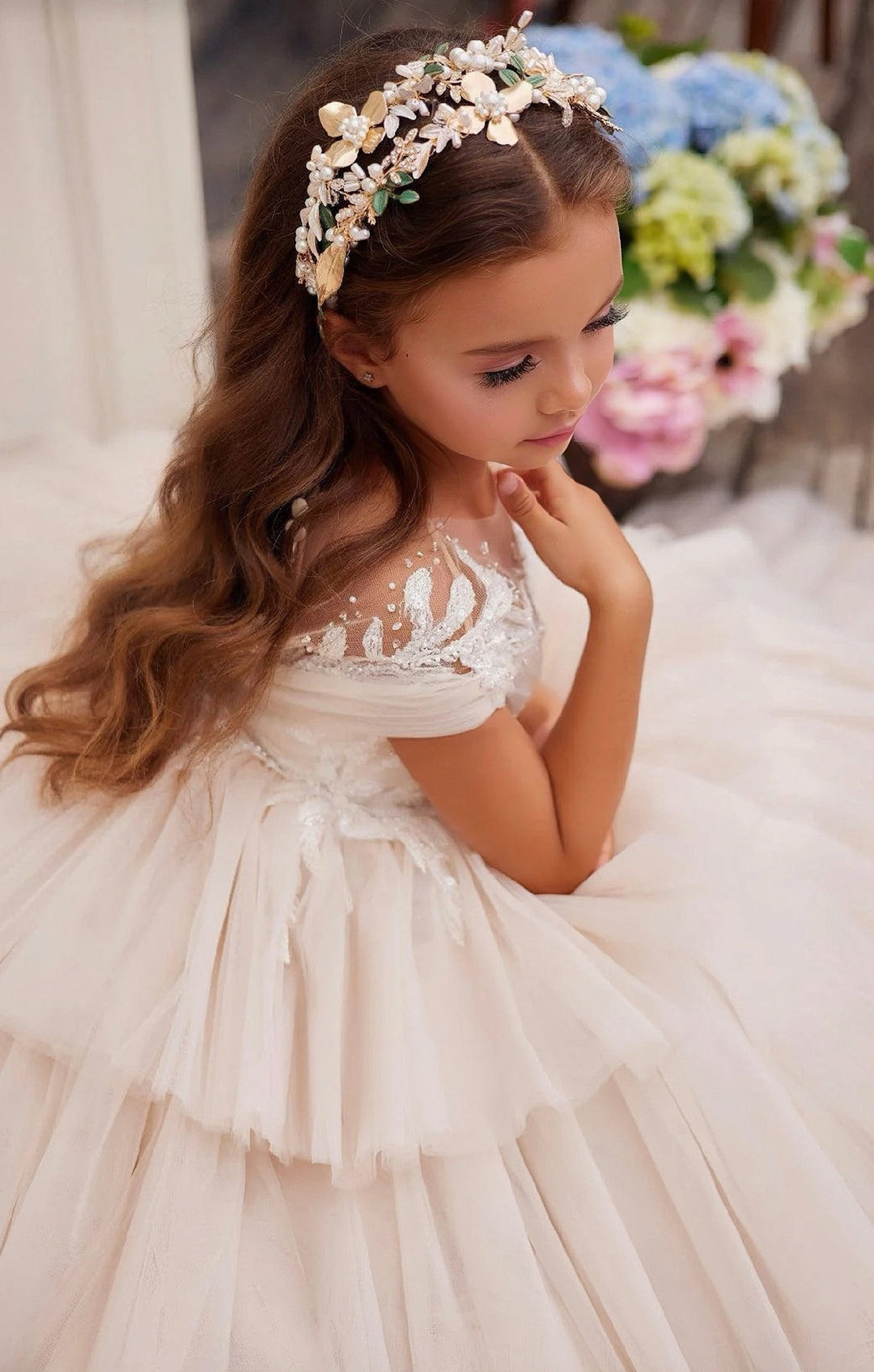 Sunnypetal Enchanted Lace Tiered Ball Gown with Crisscross Pleated Bodice