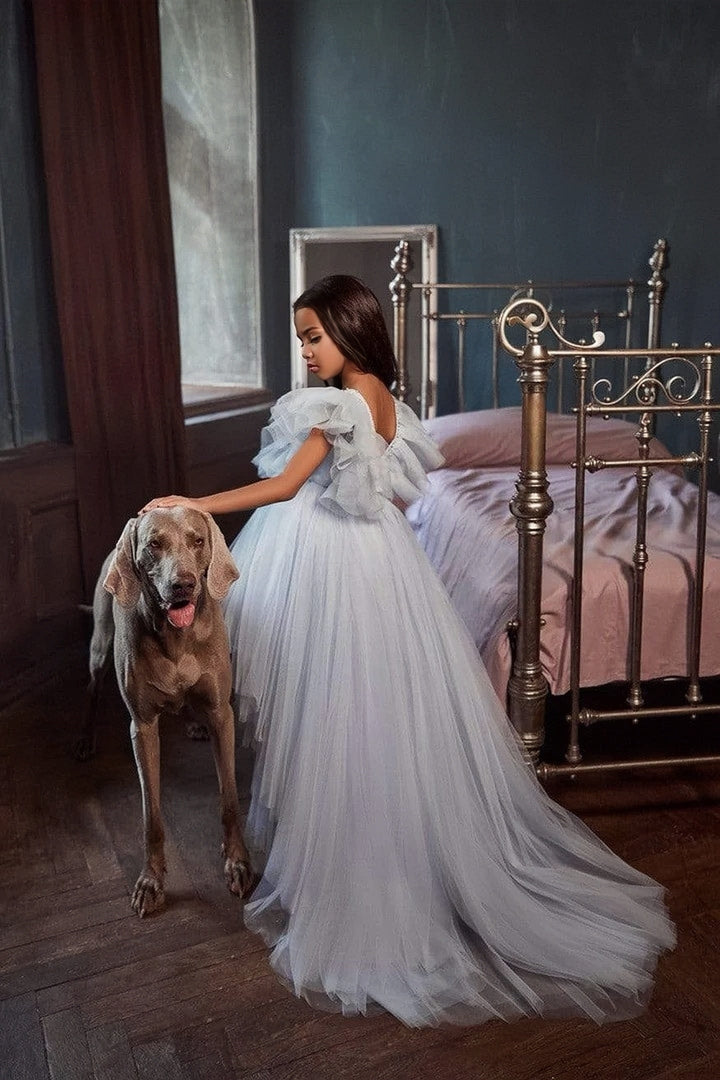 Sunnypetal Enchanted Light Blue High Low Ruffled Tulle Flower Girl Dress