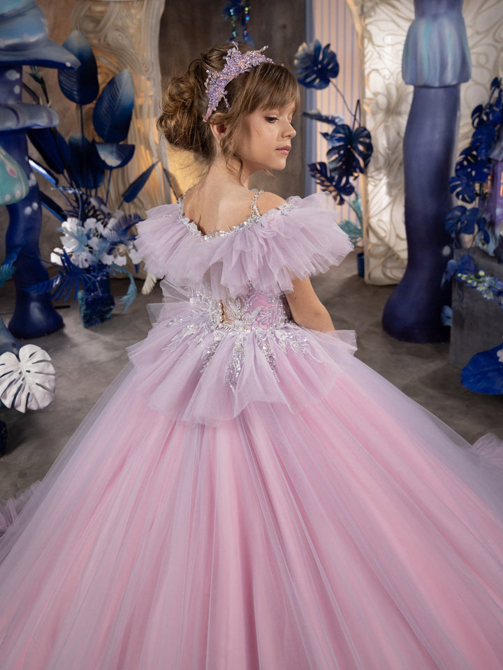 Sunnypetal Enchanting Off-Shoulder Puff Sleeves Ruffled Tulle Ball-Gown Flower Girl Dress