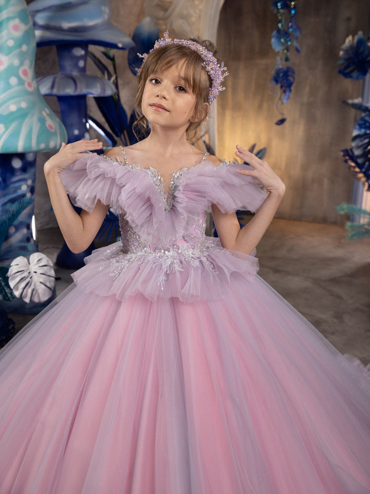Sunnypetal Enchanting Off-Shoulder Puff Sleeves Ruffled Tulle Ball-Gown Flower Girl Dress
