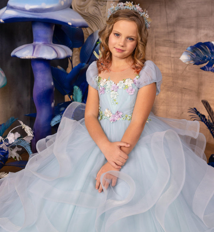 Sunnypetal Enchanting Pastel Blue Floral Layered Puff Sleeve Flower Girl Dress Pageant Gowns