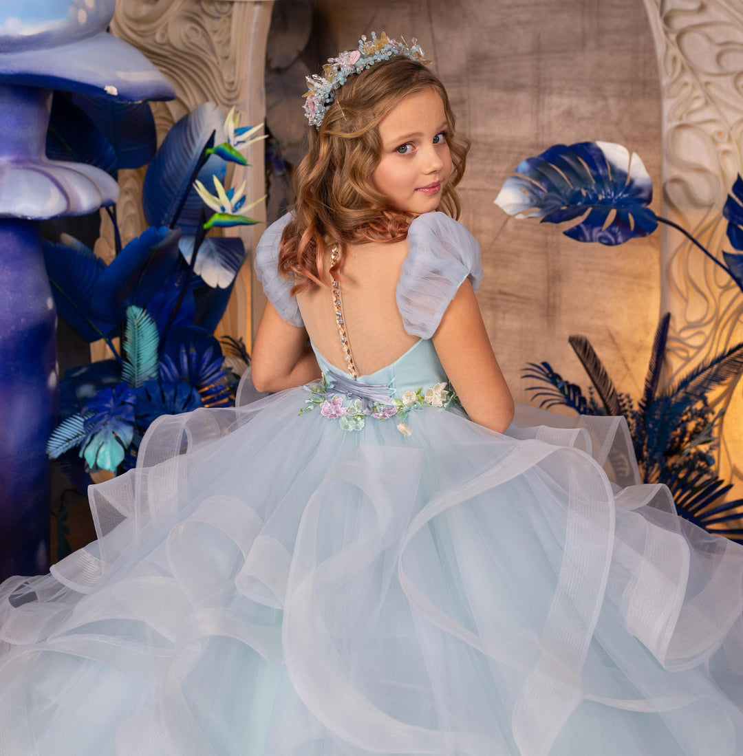 Sunnypetal Enchanting Pastel Blue Floral Layered Puff Sleeve Flower Girl Dress Pageant Gowns
