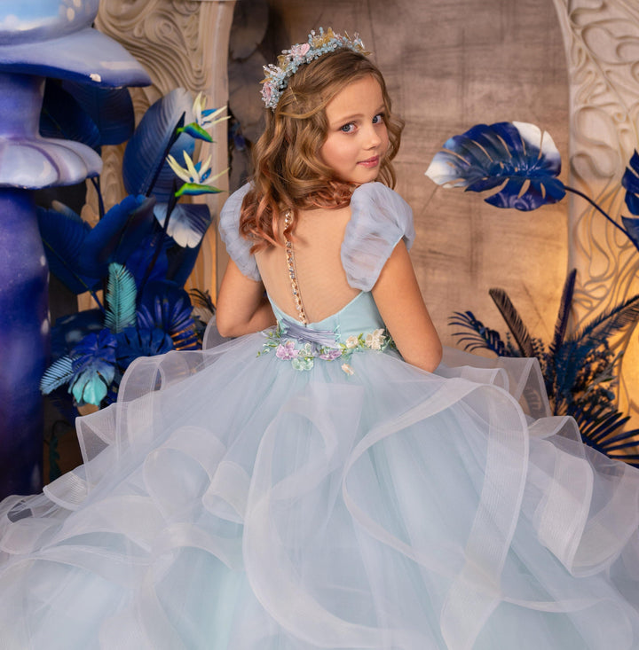 Sunnypetal Enchanting Pastel Blue Floral Layered Puff Sleeve Flower Girl Dress Pageant Gowns