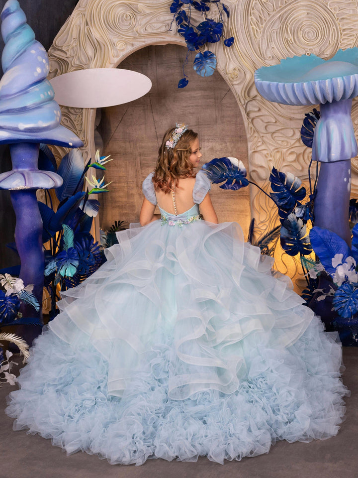 Sunnypetal Enchanting Pastel Blue Floral Layered Puff Sleeve Flower Girl Dress Pageant Gowns