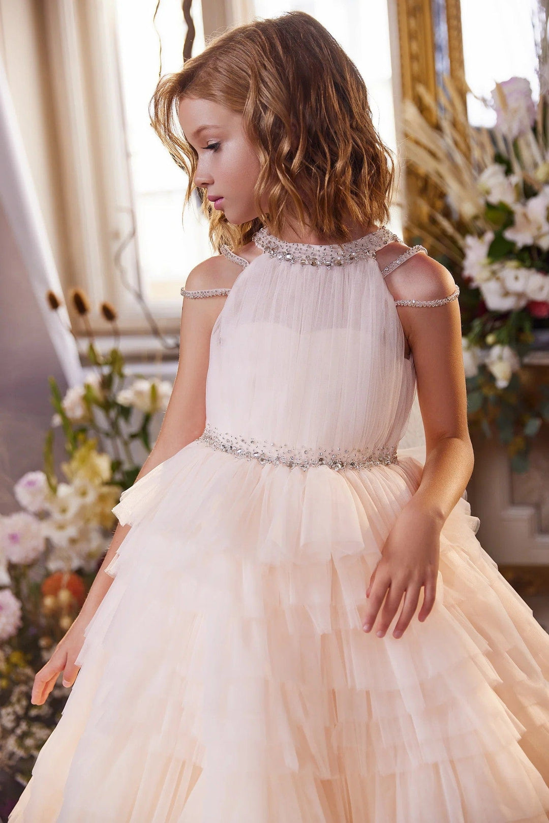 Sunnypetal Enchanting Ruffled Tulle Flower Girl Dresses Wedding Pageant Ball Gown
