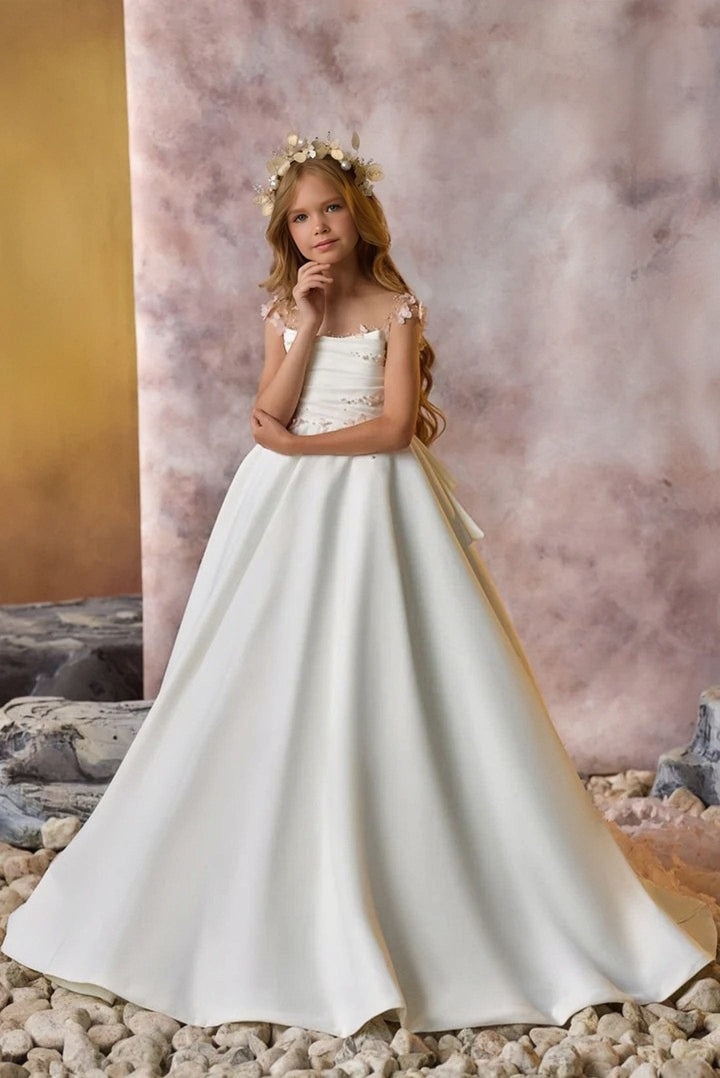 Sunnypetal Enchanting Sheer Bodice Satin Dress Butterfly Train Tulle Gown