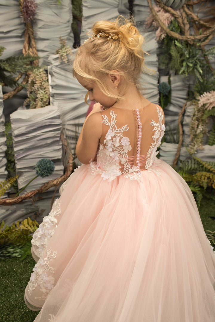 Sunnypetal Ethereal Blossom Princess High-Low Flower Girl Dress with 3D Floral Appliques
