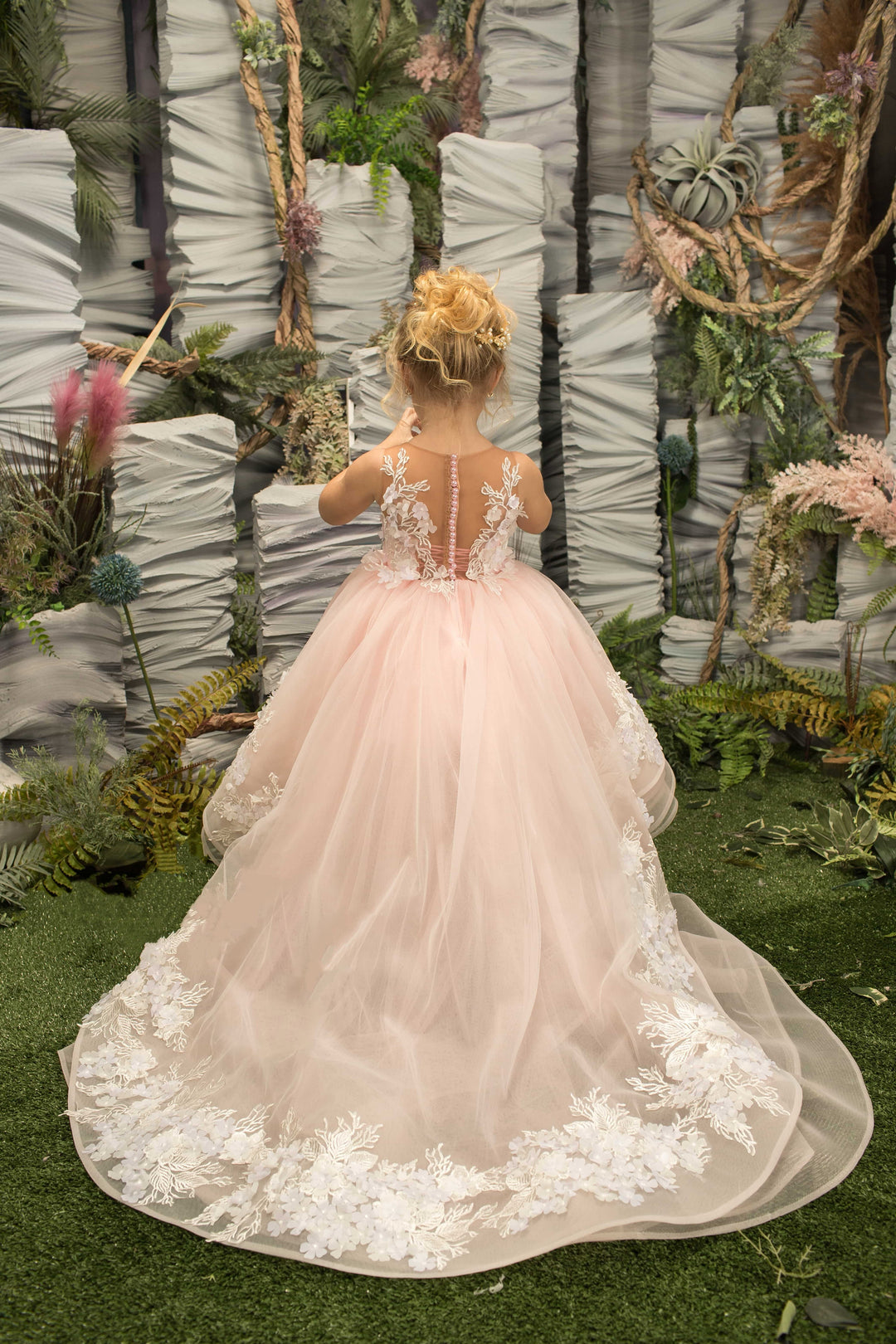 Sunnypetal Ethereal Blossom Princess High-Low Flower Girl Dress with 3D Floral Appliques