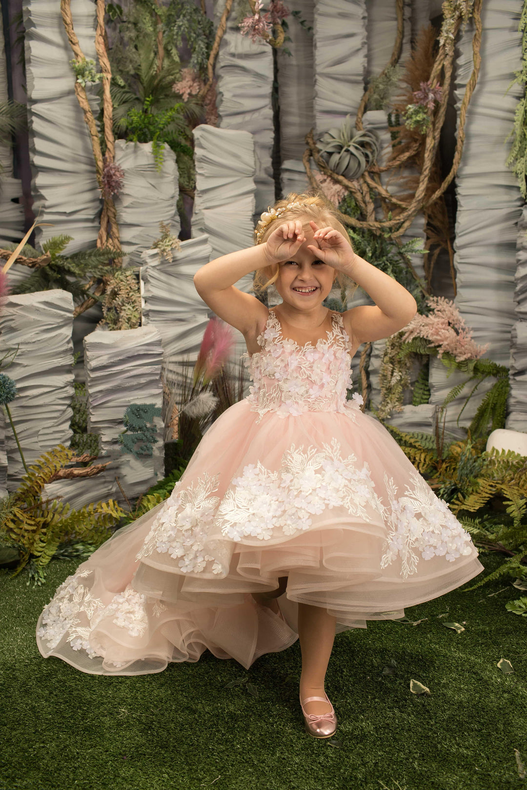 Sunnypetal Ethereal Blossom Princess High-Low Flower Girl Dress with 3D Floral Appliques
