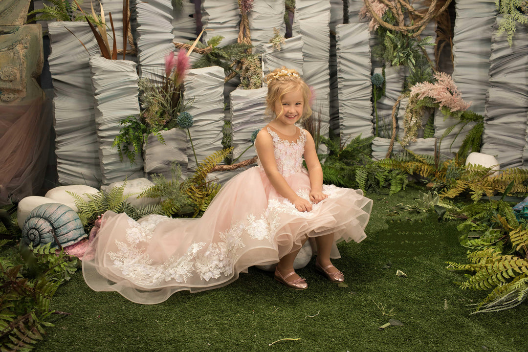 Sunnypetal Ethereal Blossom Princess High-Low Flower Girl Dress with 3D Floral Appliques