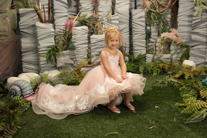 Sunnypetal Ethereal Blossom Princess High-Low Flower Girl Dress with 3D Floral Appliques