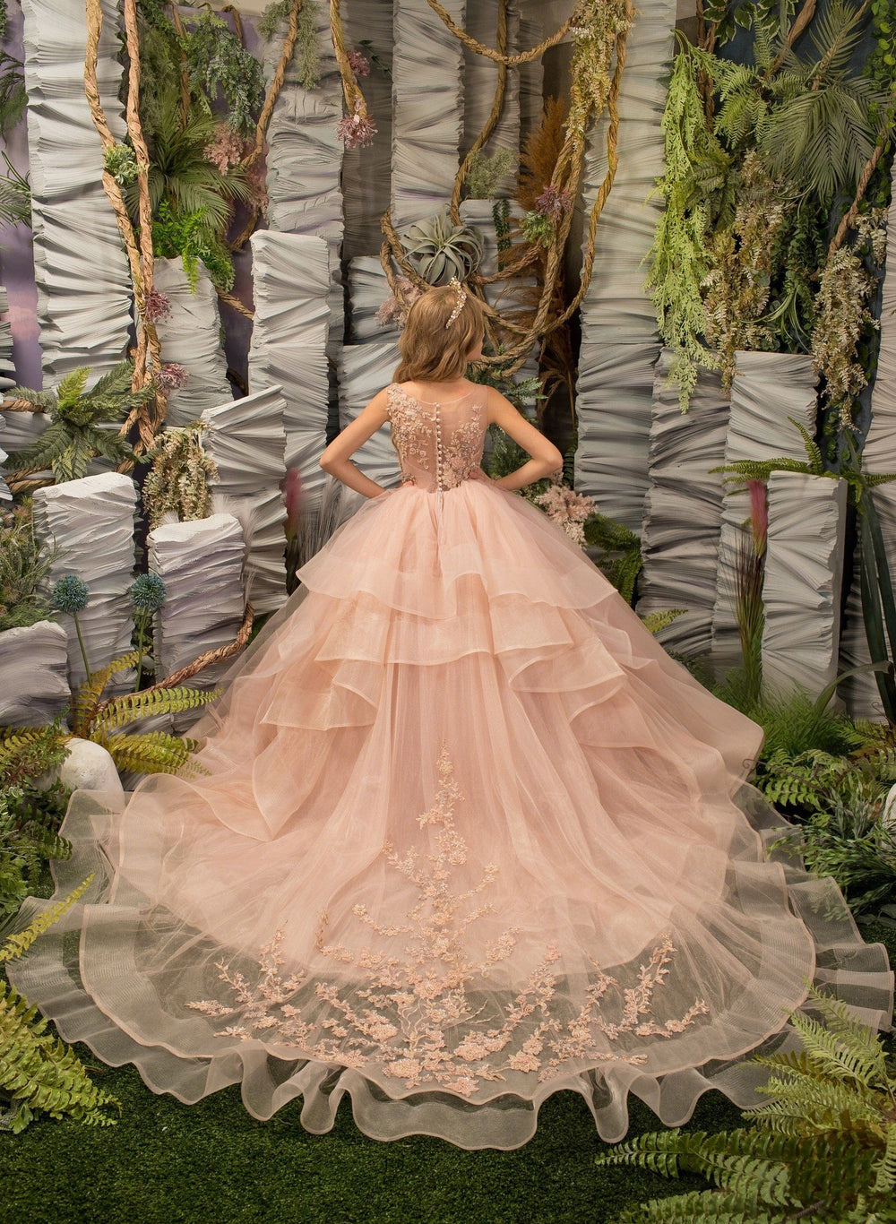 Sunnypetal Ethereal Blush Pink Floral Appliqués Layered Tulle Elegance Princess Gown