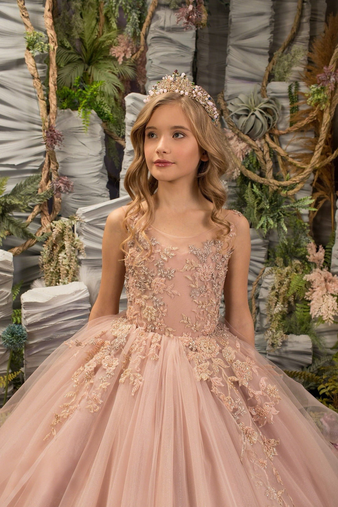 Sunnypetal Ethereal Blush Pink Floral Appliqués Layered Tulle Elegance Princess Gown