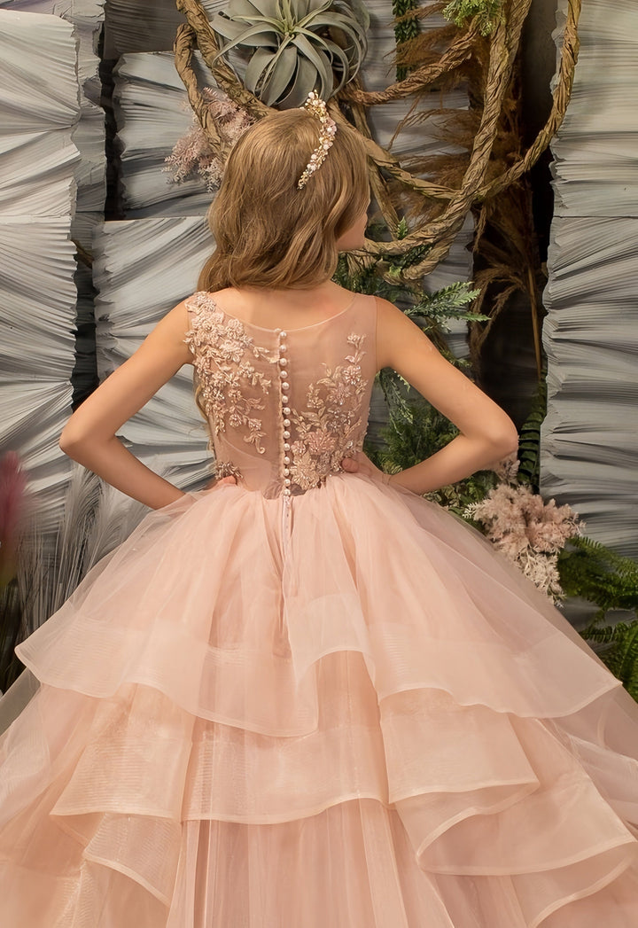 Sunnypetal Ethereal Blush Pink Floral Appliqués Layered Tulle Elegance Princess Gown