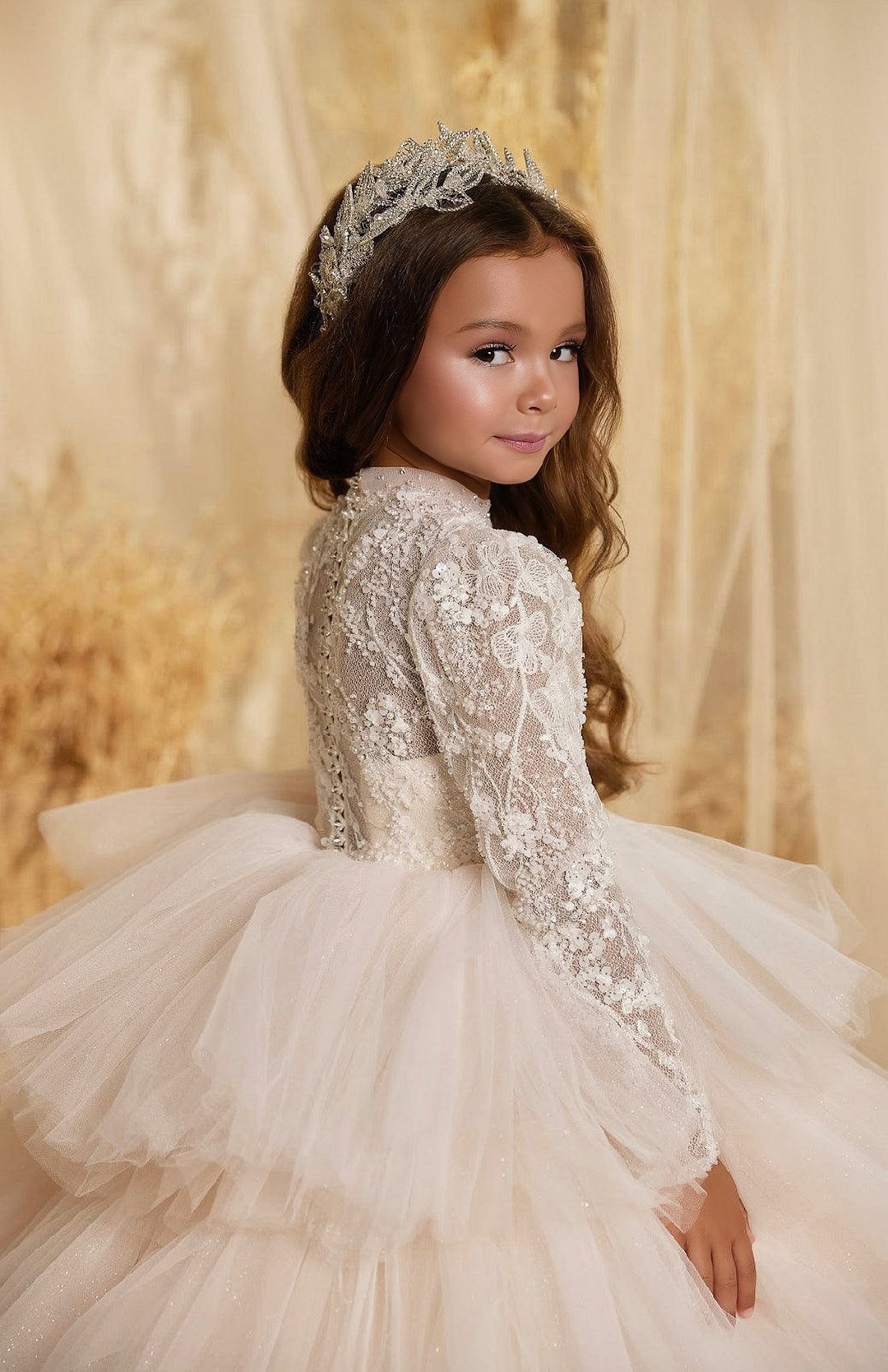 Sunnypetal Ethereal Long Sleeves Lace Tiered Glitter Tulle Princess Flower Girl Gown
