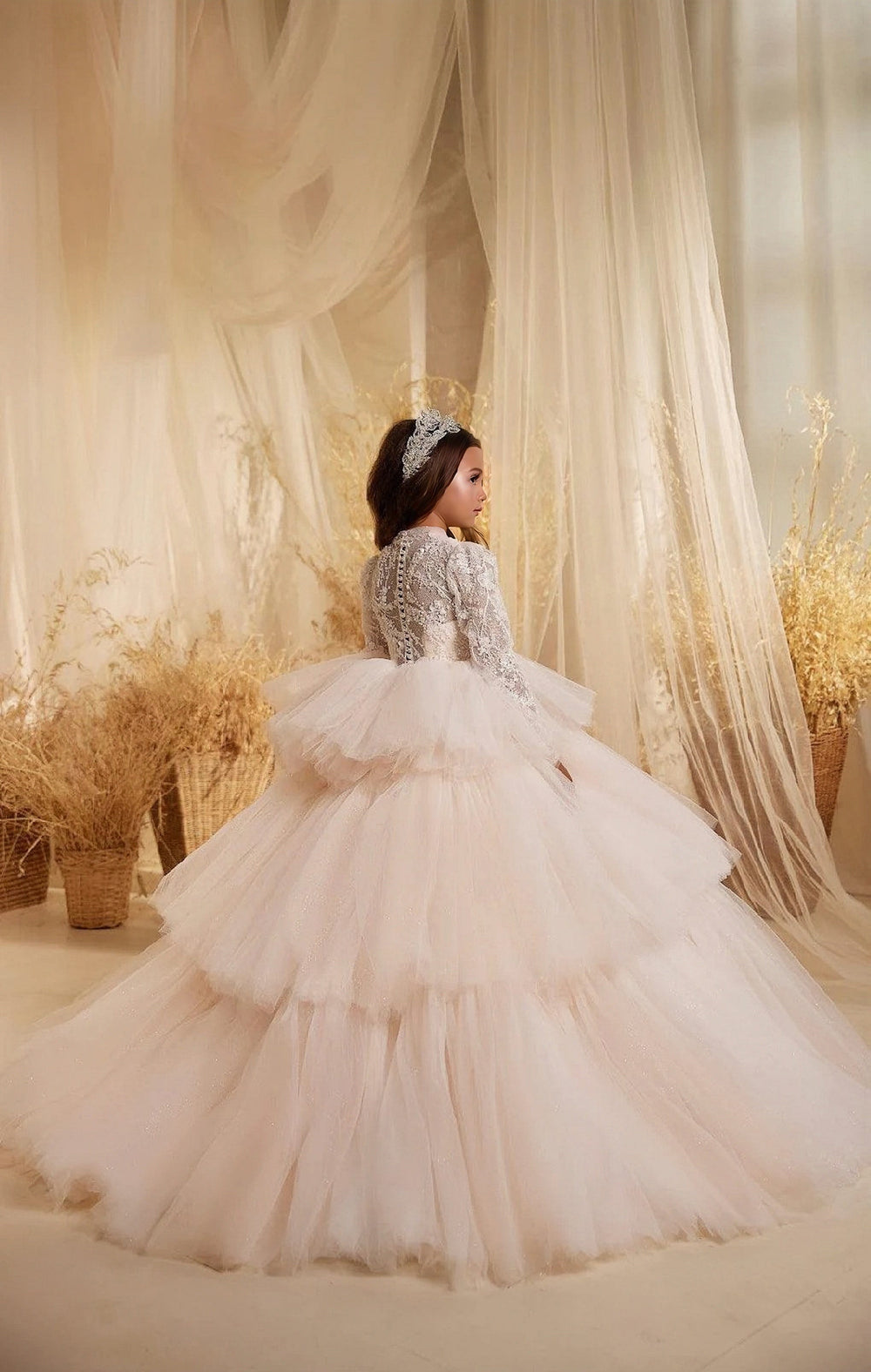 Sunnypetal Ethereal Long Sleeves Lace Tiered Glitter Tulle Princess Flower Girl Gown