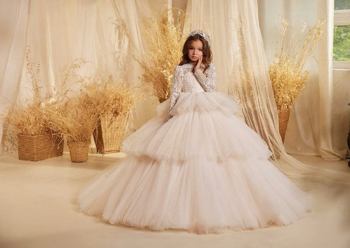 Sunnypetal Ethereal Long Sleeves Lace Tiered Glitter Tulle Princess Flower Girl Gown