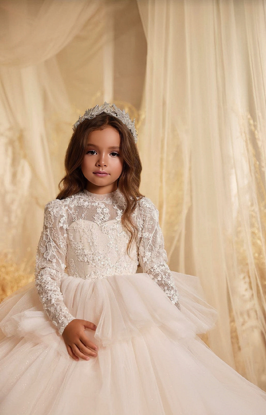 Sunnypetal Ethereal Long Sleeves Lace Tiered Glitter Tulle Princess Flower Girl Gown