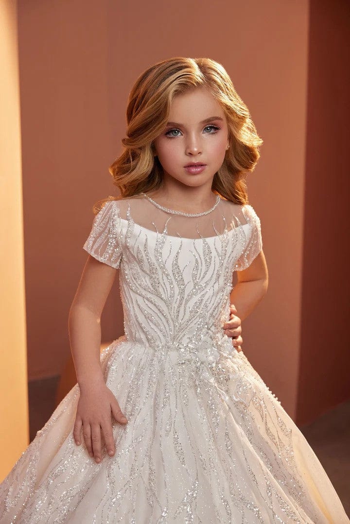 Sunnypetal Ethereal Princess Flower Girl Gown with Sparkling Chapel Train