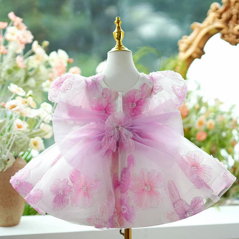 Sunnypetal Exquisite 3D Flowers Puff Sleeves Knee-Length Baby Girl Birthday Dress