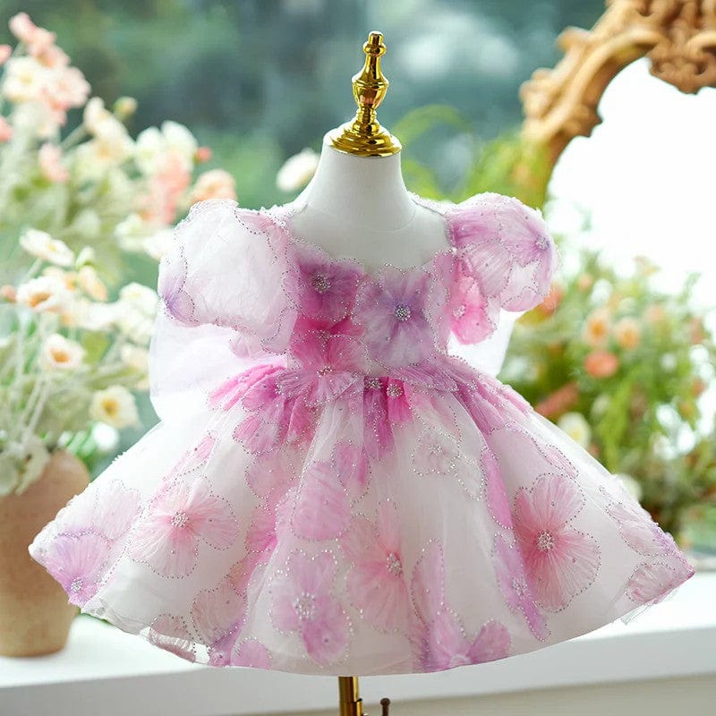 Sunnypetal Exquisite 3D Flowers Puff Sleeves Knee-Length Baby Girl Birthday Dress