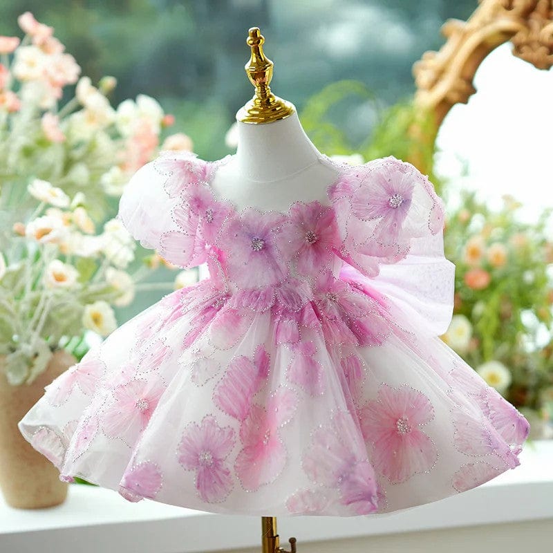 Sunnypetal Exquisite 3D Flowers Puff Sleeves Knee-Length Baby Girl Birthday Dress