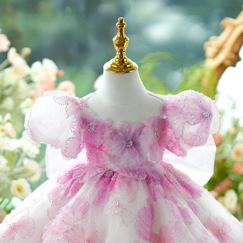 Sunnypetal Exquisite 3D Flowers Puff Sleeves Knee-Length Baby Girl Birthday Dress