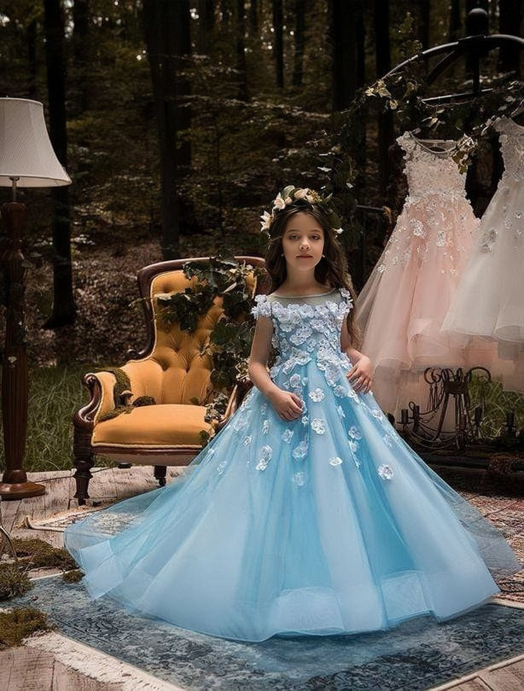 Sunnypetal Exquisite Blue 3D Floral Appliqué Ball Gown for Your Little Princess