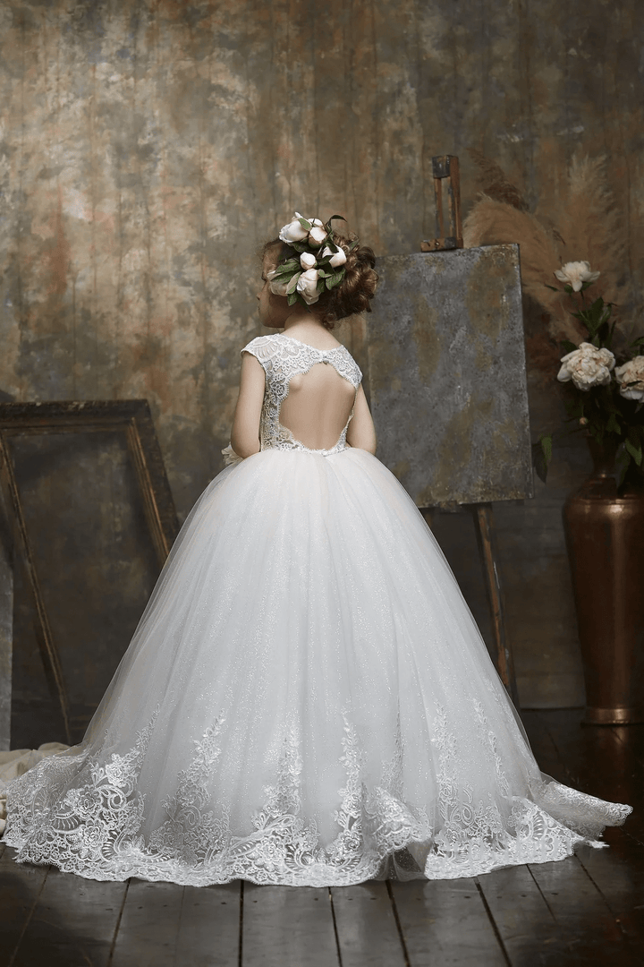 Sunnypetal Exquisite Cap Sleeves Lace & Tulle Flower Girl Dresses for Wedding