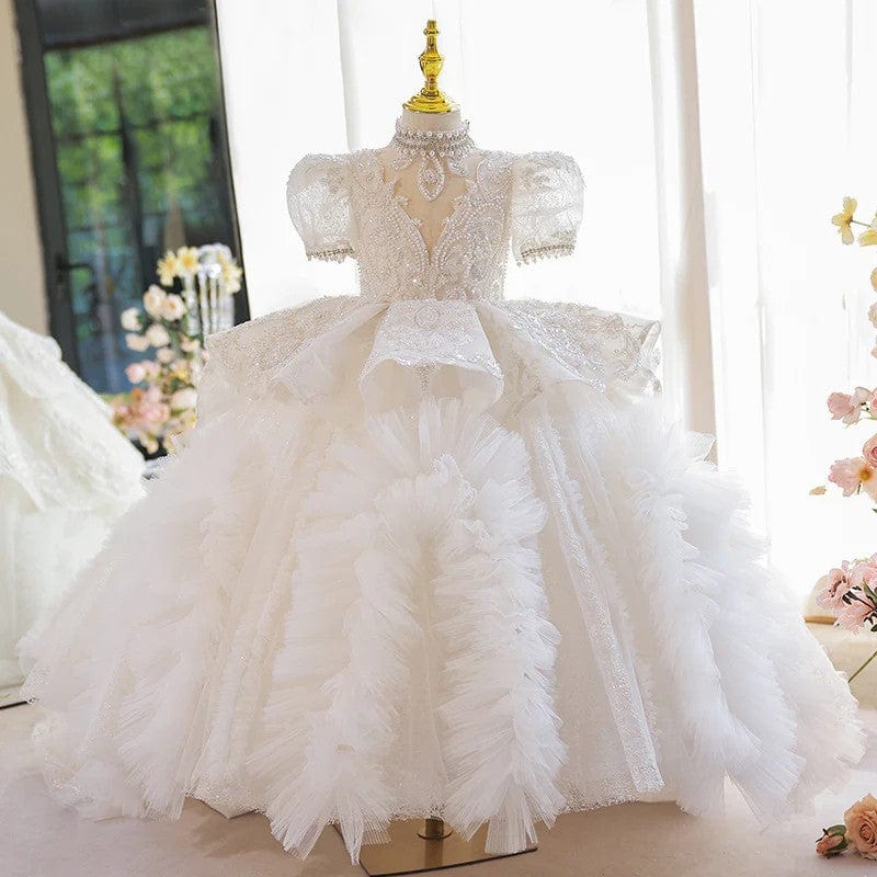 Sunnypetal Exquisite Lace Appliques Sequins Long Princess Flower Girl Dresses with Train