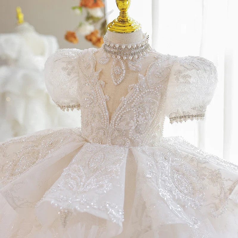 Sunnypetal Exquisite Lace Appliques Sequins Long Princess Flower Girl Dresses with Train