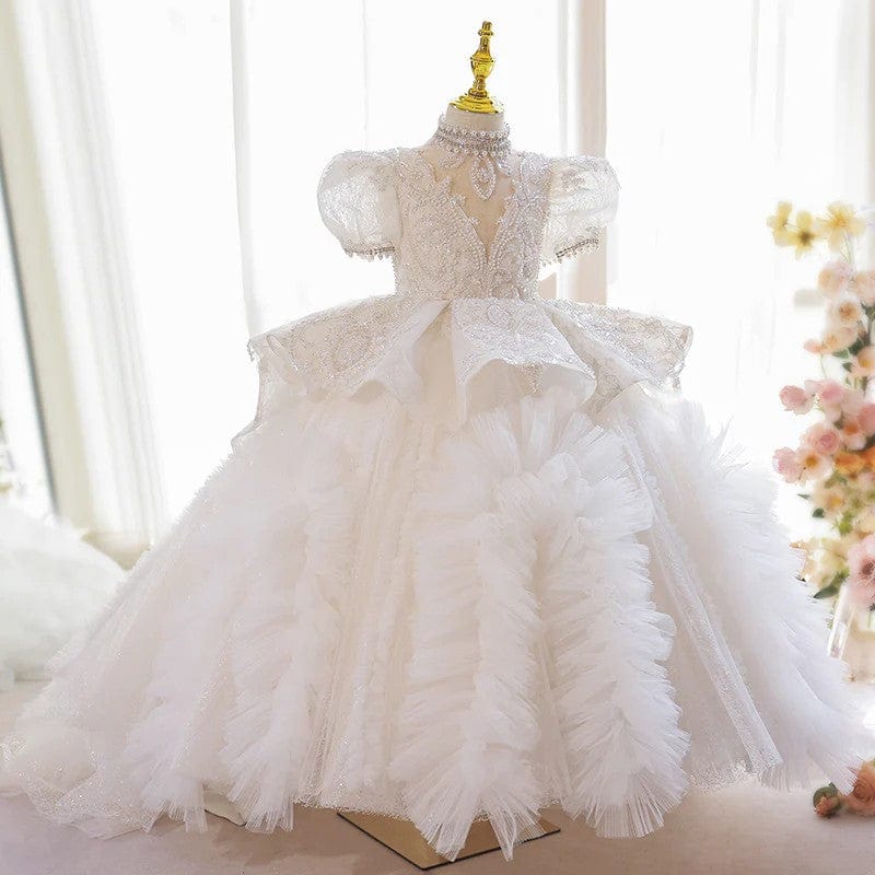 Sunnypetal Exquisite Lace Appliques Sequins Long Princess Flower Girl Dresses with Train