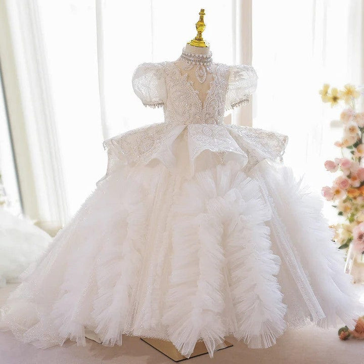 Sunnypetal Exquisite Lace Appliques Sequins Long Princess Flower Girl Dresses with Train