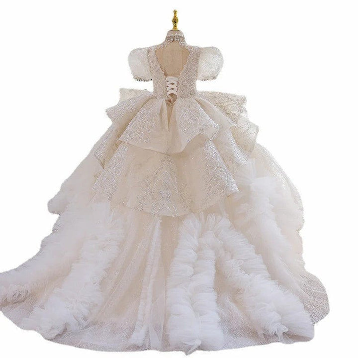 Sunnypetal Exquisite Lace Appliques Sequins Long Princess Flower Girl Dresses with Train