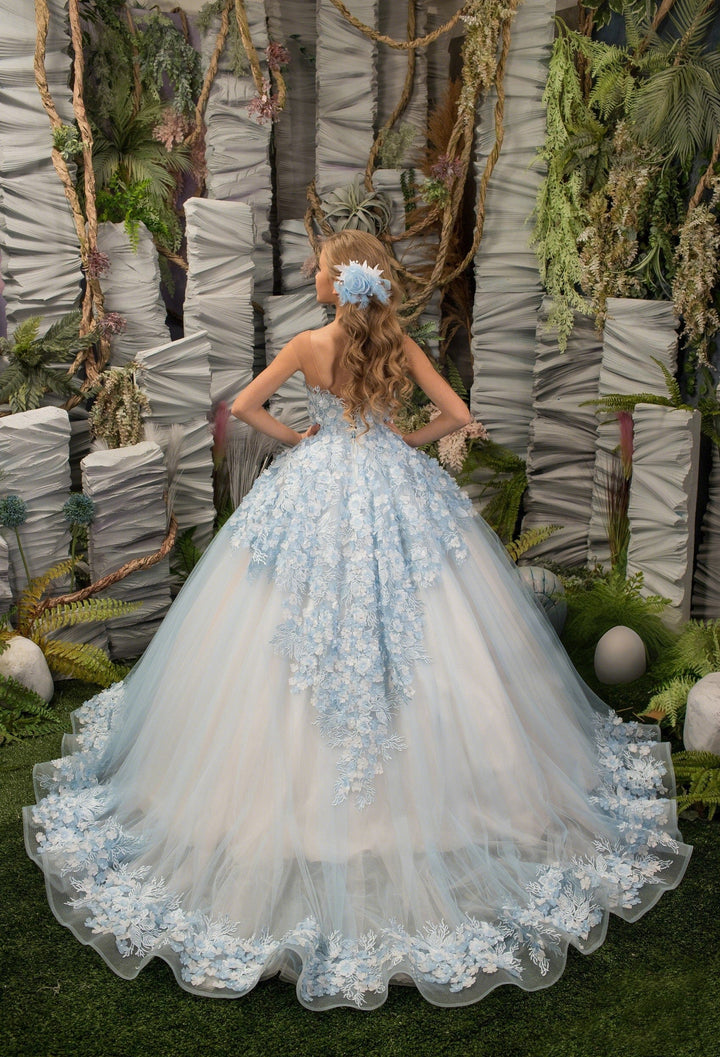 Sunnypetal Exquisite Light Blue 3D Floral Appliques Flower Girl Dresses Princess Pageant Gown