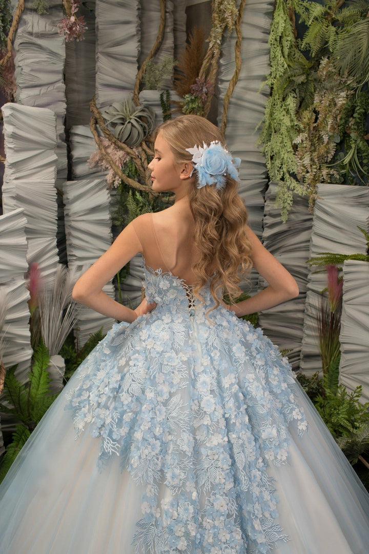 Sunnypetal Exquisite Light Blue 3D Floral Appliques Flower Girl Dresses Princess Pageant Gown