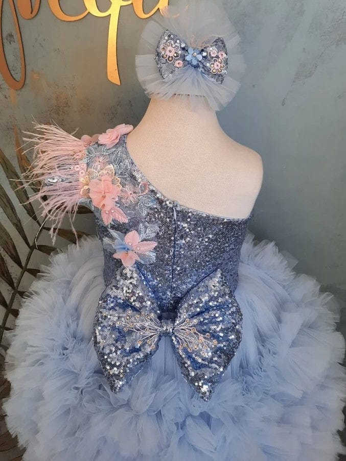 Sunnypetal Exquisite Light Blue Asymmetry Flower Girl Dresses Birthday Prom Pageant Gown