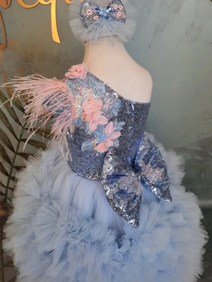 Sunnypetal Exquisite Light Blue Asymmetry Flower Girl Dresses Birthday Prom Pageant Gown