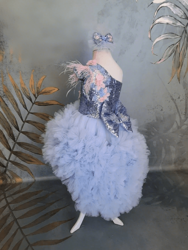 Sunnypetal Exquisite Light Blue Asymmetry Flower Girl Dresses Birthday Prom Pageant Gown