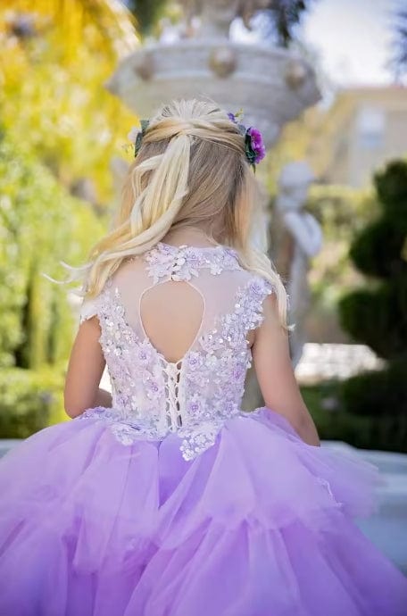 Sunnypetal Exquisite Lilac Flower Girl Dresses Appliques Tulle Wedding Pageant Birthday Prom Gown