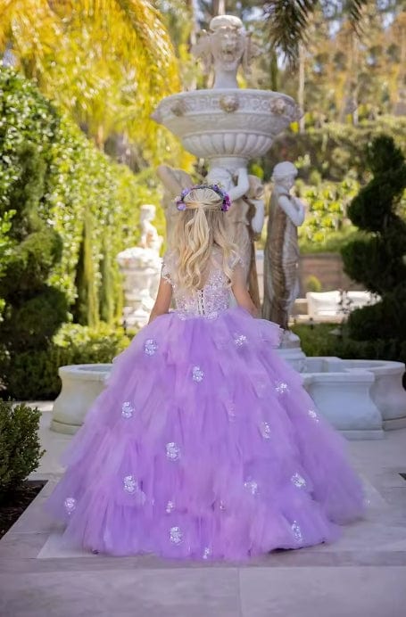 Sunnypetal Exquisite Lilac Flower Girl Dresses Appliques Tulle Wedding Pageant Birthday Prom Gown