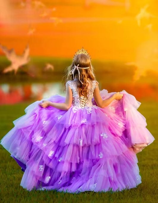 Sunnypetal Exquisite Lilac Flower Girl Dresses Appliques Tulle Wedding Pageant Birthday Prom Gown