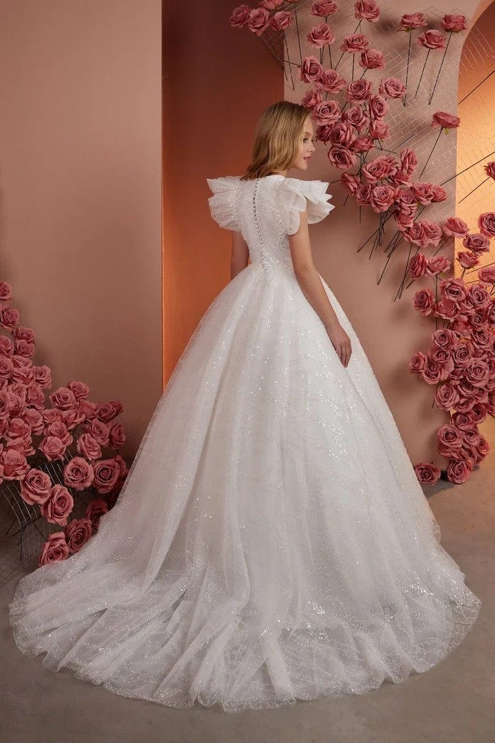 Sunnypetal Exquisite Long Princess Glitter Tulle Flare Sleeves Flower Girl Dresses