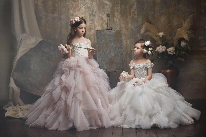 Sunnypetal Exquisite Off Shoulder Floral Ruffles Ball Gown Flower Girl Dress