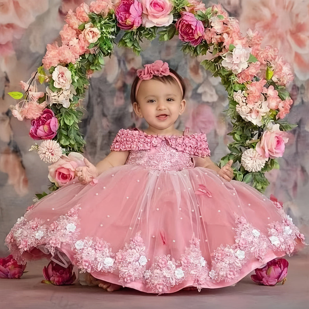 Sunnypetal Exquisite Off-The-Shoulder Flowers Pearls Birthday Party Ball Gown Baby Toddler Girl Dresses