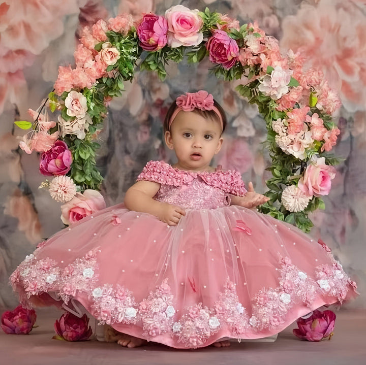 Sunnypetal Exquisite Off-The-Shoulder Flowers Pearls Birthday Party Ball Gown Baby Toddler Girl Dresses