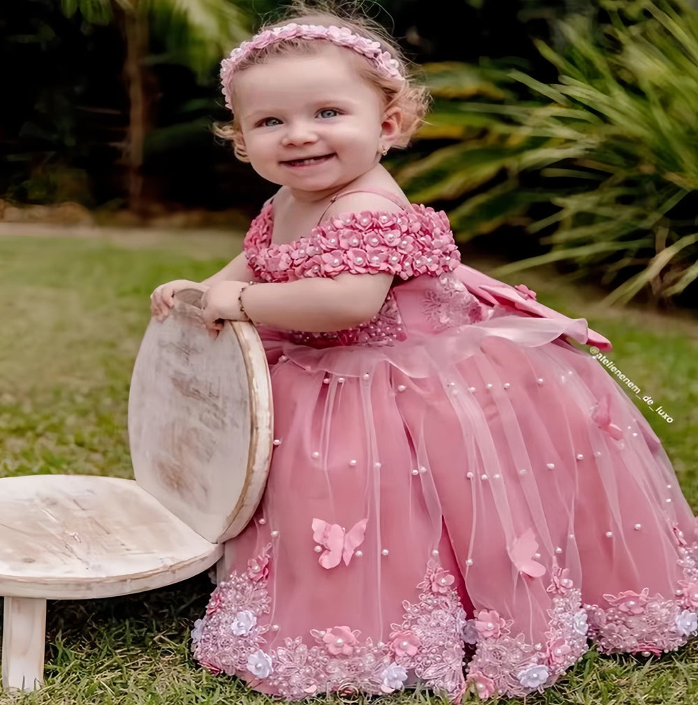 Sunnypetal Exquisite Off-The-Shoulder Flowers Pearls Birthday Party Ball Gown Baby Toddler Girl Dresses