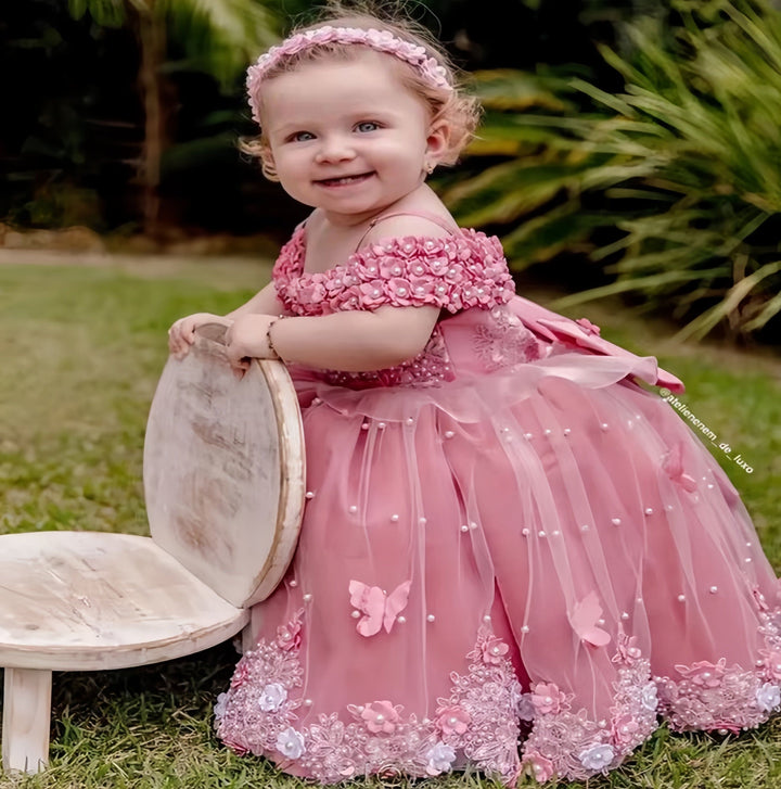 Sunnypetal Exquisite Off-The-Shoulder Flowers Pearls Birthday Party Ball Gown Baby Toddler Girl Dresses