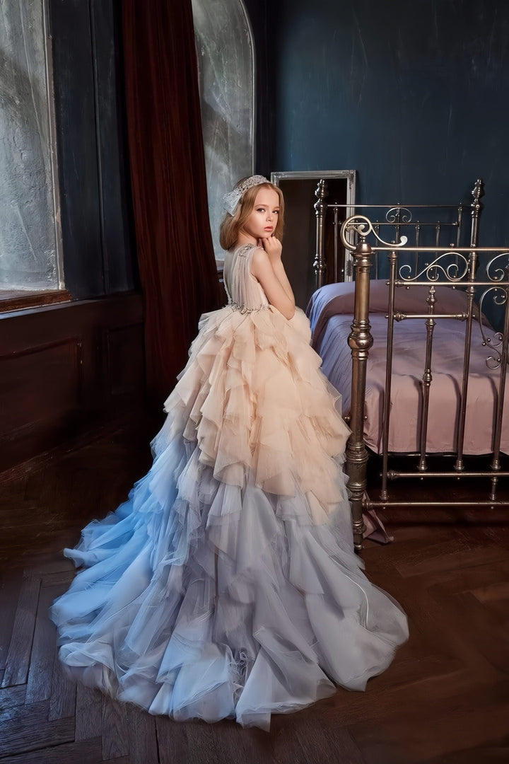 Sunnypetal Exquisite Ombre Ruffle Tulle Ball Gown with Jewel Accents